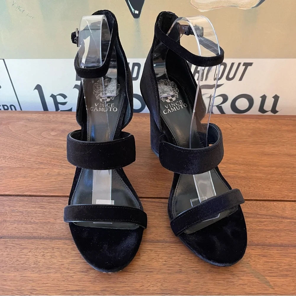 Vince Camuto Black Velvet Robeka Block Heel Sandals